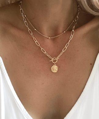 collier double rang fermoir T avec medaille plaque or